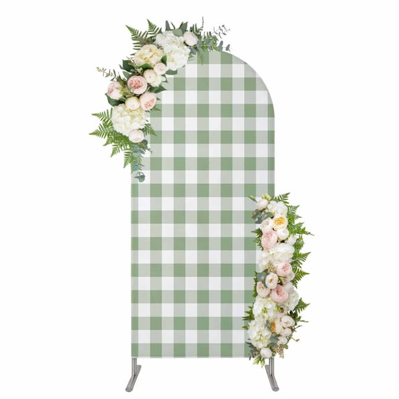 Arch Covers, Sage Green Checkered Arch Covers Stretchy Backdrop 5'x2.1', Farmhouse Buffalo Plaid Spandex Fitted Round Top Chiara Arches Backdrop Cover for Wedding Party Birthday Banquet