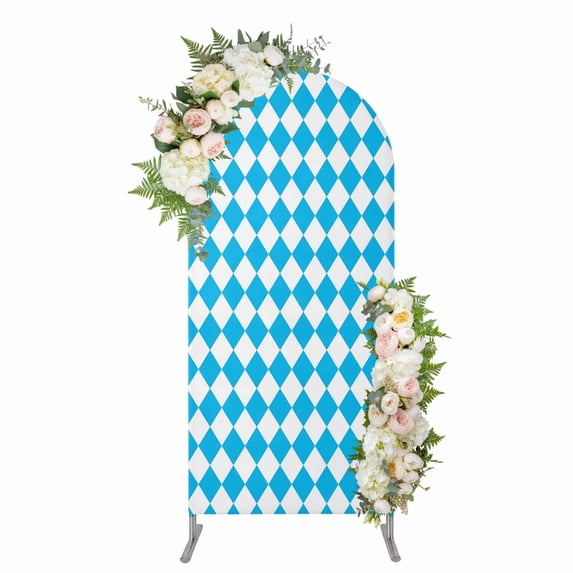 Arch Covers, Sky Blue Plaid Arch Covers Stretchy Backdrop 7.2'x4', Modern Minimalist Gingham Checkered Spandex Fitted Round Top Chiara Arches Backdrop Cover for Wedding Party Birthday Banquet