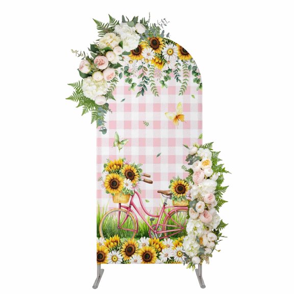 Arch Covers, Spring Arch Covers Stretchy Backdrop 4'x1.65', Bicycles Blossom Botanical Sunflowers Pink Plaid Spandex Fitted Round Top Chiara Arches Backdrop Cover for Wedding Party Birthday Banquet