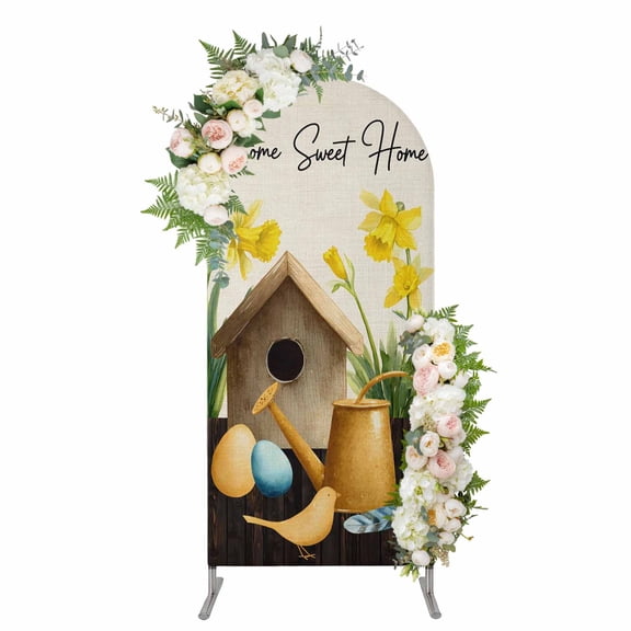 Arch Covers, Spring Arch Covers Stretchy Backdrop 4'x1.65', Farmhouse Birds Cages Eggs Botanical Flowers Spandex Fitted Round Top Chiara Arches Backdrop Cover for Wedding Party Birthday Banquet
