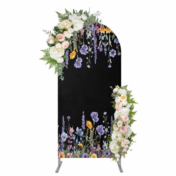 Arch Covers, Spring Floral Arch Covers Stretchy Backdrop 5'x2.1', Summer Botanical Elegant Black Spandex Fitted Round Top Chiara Arches Backdrop Cover for Wedding Party Birthday Banquet