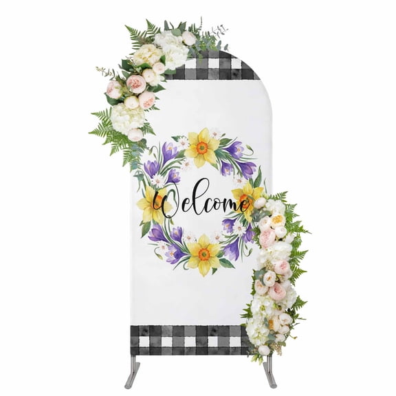 Arch Covers, Spring Flowers Arch Covers Stretchy Backdrop 4'x1.65', Country Botanical Leaves Garland Farm Plaid Spandex Round Top Chiara Arches Backdrop Cover for Wedding Party Birthday Banquet