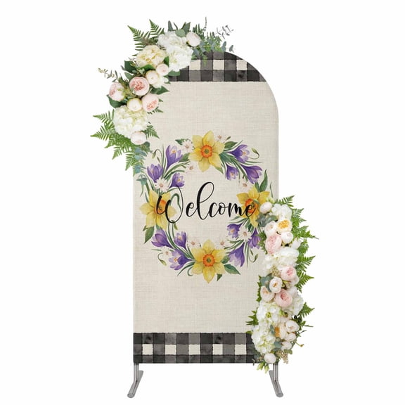 Arch Covers, Spring Flowers Arch Covers Stretchy Backdrop 5'x2.1', Country Botanical Leaves Garland Retro Plaid Spandex Round Top Chiara Arches Backdrop Cover for Wedding Party Birthday Banquet