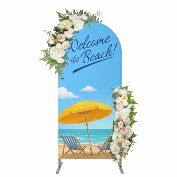 Arch Covers, Summer Coastal Arch Covers Stretchy Backdrop 4'x1.65', Ocean Beach Vacation Wave Blue Brown Spandex Fitted Round Top Chiara Arches Backdrop Cover for Wedding Party Birthday Banquet