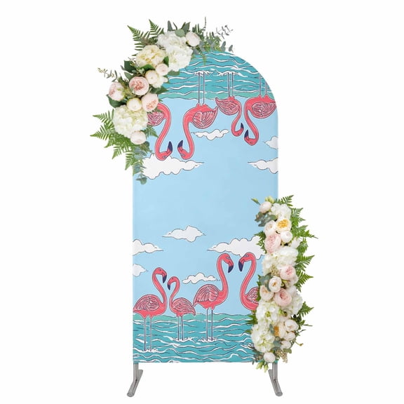 Arch Covers, Summer Cute Flamingo Arch Covers Stretchy Backdrop 6'x2.6', Cartoon Animal Cloud Blue Sky Spandex Fitted Round Top Chiara Arches Backdrop Cover for Wedding Party Birthday Banquet