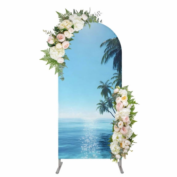 Arch Covers, Summer Palm Tree Arch Covers Stretchy Backdrop 7.2'x4', Coastal Waves Sunshine Tropical Plants Spandex Fitted Round Top Chiara Arches Backdrop Cover for Wedding Party Birthday Banquet