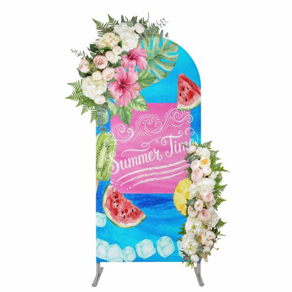 Arch Covers, Summer Time Arch Covers Stretchy Backdrop 4'x1.65', Watermelon Fruits Popsicles Flowers Ice Cubes Spandex Fitted Round Top Chiara Arches Backdrop Cover for Wedding Party Birthday Banquet