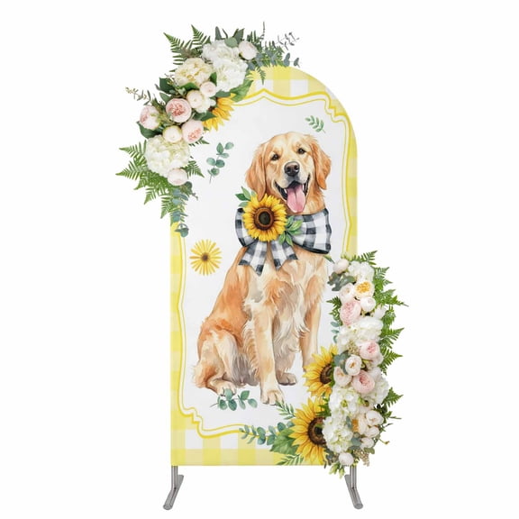 Arch Covers, Sunflower Dogs Arch Covers Stretchy Backdrop 5'x2.1', Cute Puppy Yellow Buffalo Plaid Spandex Fitted Round Top Chiara Arches Backdrop Cover for Wedding Party Birthday Banquet