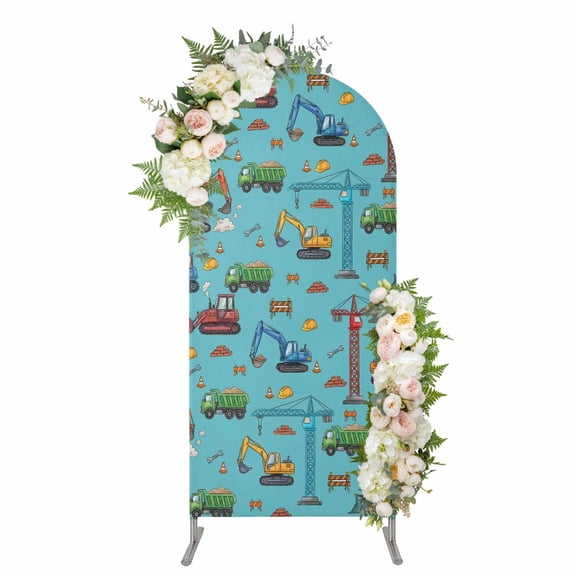 Arch Covers, Teal Construction Vehicle Arch Covers Stretchy Backdrop 4'x1.65', Modern Excavator Crane Spandex Fitted Round Top Chiara Arches Backdrop Cover for Wedding Party Birthday Banquet
