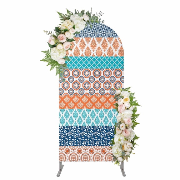Arch Covers, Teal Orange Striped Arch Covers Stretchy Backdrop 5'x2.1', Boho Modern Geometric Abstract Art Spandex Fitted Round Top Chiara Arches Backdrop Cover for Wedding Party Birthday Banquet