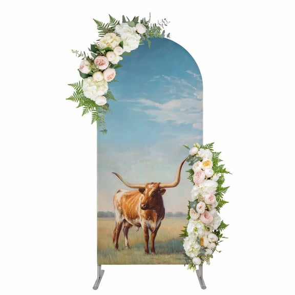 Arch Covers, Texas Longhorn Arch Covers Stretchy Backdrop 5'x2.1', Grassland Sunset Farmhouse Natural Landscape Spandex Round Top Chiara Arches Backdrop Cover for Wedding Party Birthday Banquet