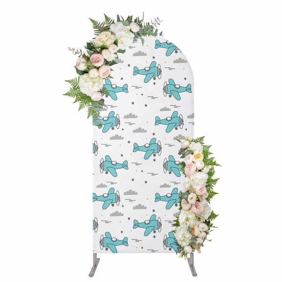 Arch Covers, Turquoise Airplane Arch Covers Stretchy Backdrop 4'x1.65', Modern Abstract Art Cartoon Clouds Spandex Fitted Round Top Chiara Arches Backdrop Cover for Wedding Party Birthday Banquet