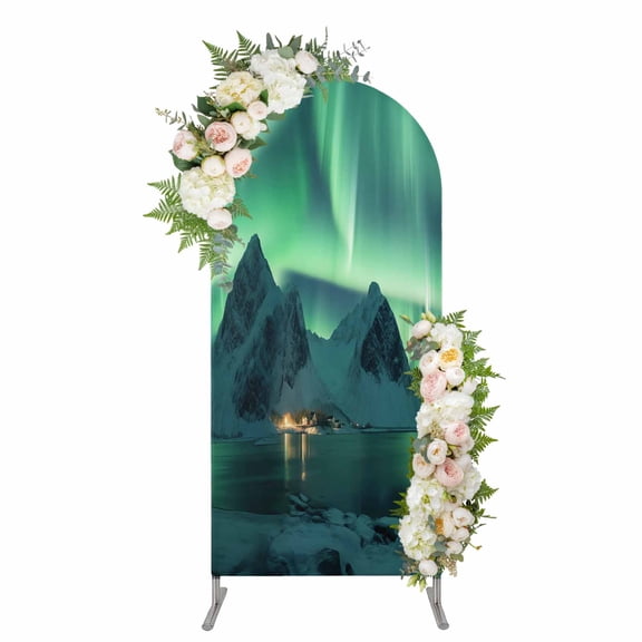 Arch Covers, Turquoise Arch Covers Stretchy Backdrop 4'x1.65', Teal Aurora Iceland Scenery Mountain Spandex Fitted Round Top Chiara Arches Backdrop Cover for Wedding Party Birthday Banquet