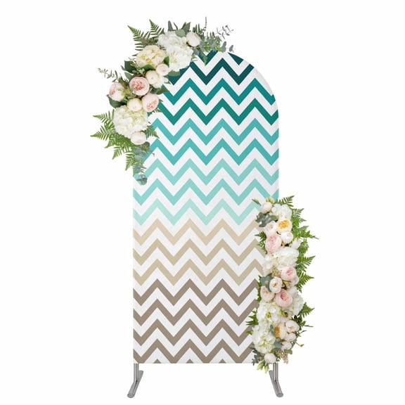 Arch Covers, Turquoise Brown Arch Covers Stretchy Backdrop 6'x2.6', Gradient Geometric Stripes Chevron Wave Spandex Fitted Round Top Chiara Arches Backdrop Cover for Wedding Party Birthday Banquet
