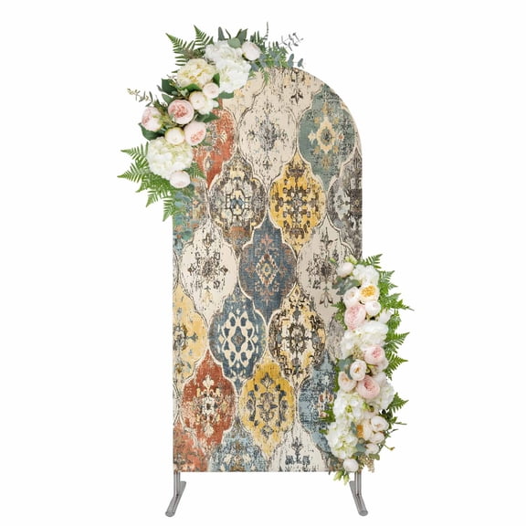 Arch Covers, Vintage Boho Arch Covers Stretchy Backdrop 4'x1.65', Chic Farmhouse Neutral Morocco Geometric Spandex Fitted Round Top Chiara Arches Backdrop Cover for Wedding Party Birthday Banquet