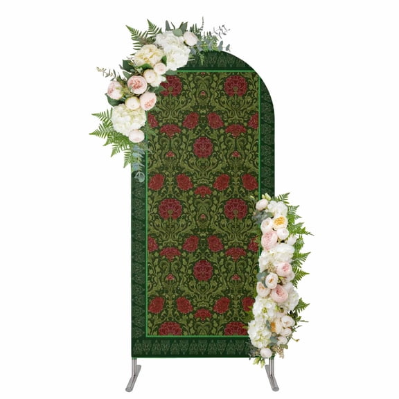 Arch Covers, Vintage Red Roses Arch Covers Stretchy Backdrop 7.2'x4', Green Abstract Art Floral Ethnic Spandex Fitted Round Top Chiara Arches Backdrop Cover for Wedding Party Birthday Banquet