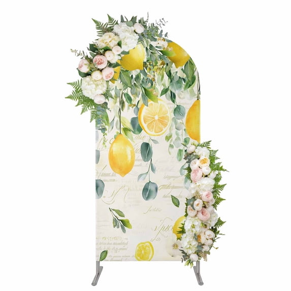 Arch Covers, Watercolor Lemon Arch Covers Stretchy Backdrop 4'x1.65', Eucalyptus Leaf Fruit Yellow Flower Spandex Fitted Round Top Chiara Arches Backdrop Cover for Wedding Party Birthday Banquet