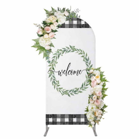 Arch Covers, Welcome Arch Covers Stretchy Backdrop 4'x1.65', Spring Summer Green Leaves Rings Rustic Checkered Spandex Fitted Round Top Chiara Arches Backdrop Cover for Wedding Party Birthday Banquet
