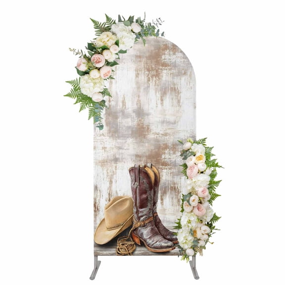 Arch Covers, Western Cowboy Boots Arch Covers Stretchy Backdrop 5'x2.1', Vintage Country Brown Wooden Spandex Fitted Round Top Chiara Arches Backdrop Cover for Wedding Party Birthday Banquet