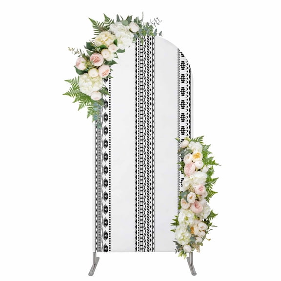 Arch Covers, White Boho Arch Covers Stretchy Backdrop 4'x1.65', Farmhouse Simple Abstract Striped Geometric Spandex Fitted Round Top Chiara Arches Backdrop Cover for Wedding Party Birthday Banquet