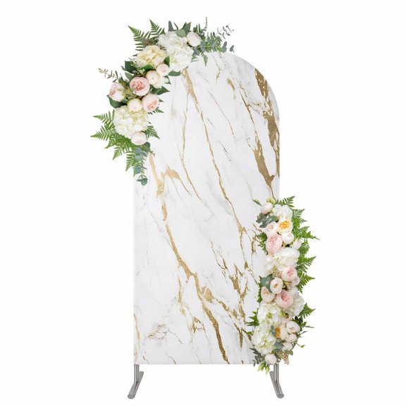 Arch Covers, White Gold Abstract Arch Covers Stretchy Backdrop 4'x1.65', Modern Marble Geometric Spandex Fitted Round Top Chiara Arches Backdrop Cover for Wedding Party Birthday Banquet