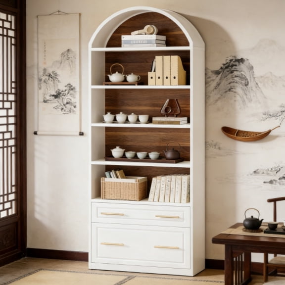 Arch Design 5-Shelf Bookcase with Drawer & Filing Cabinet, Tall Bookshelf