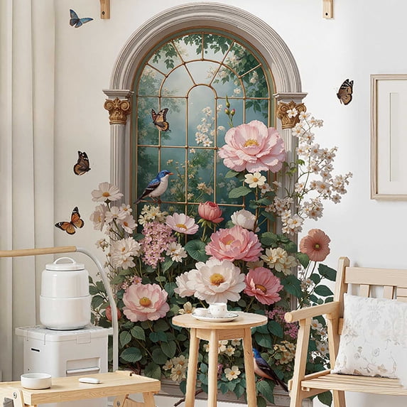 Arch Fake Window Floral Wall Stickers,Vintage Pastel Flower Butterfly Botanical Peel and Stick Wall Decals,3D Illusion Greenery Plant Window Mural Decor for Bedroom Living Room Wall Art