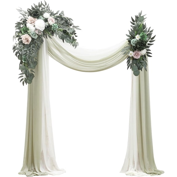 Arch Flowers with Drapes Kit (Pack of 4) - 2pcs Artificial Emerald & Sage Green Floral Swag Arrangement with 2pcs Draping Fabric for Wedding Ceremony Arbor and Reception Backdrop Decoration