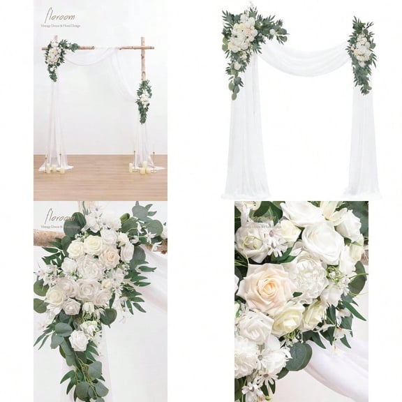Arch Flowers with Drapes Kit Pack of 4 - 2pcs Artificial Ivory White Floral Swag Arrangement with 2pcs Draping Fabric for Wedding Ceremony Arbor and Reception Backdrop Decoration