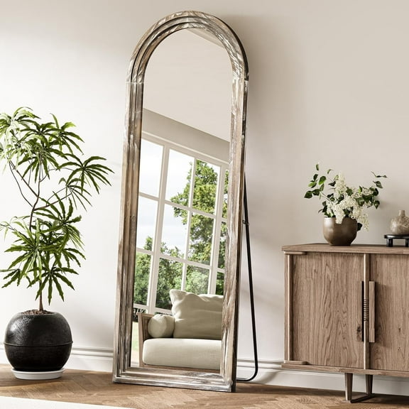Arch Full Length Mirror, 63"x 21" Wood Frame Floor Mirror with Stand for Bedroom, Living Room Home Decor, Farmhouse Full Body Mirror, Rustic White