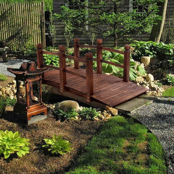 Arch Garden Bridge, Anticorrosive Wooden Stained Finish Footbridge with Rails for Outside Length, Classic Decoration for Landscape, Backyard Creek Pond or Farm, Carbonization ColorBrown