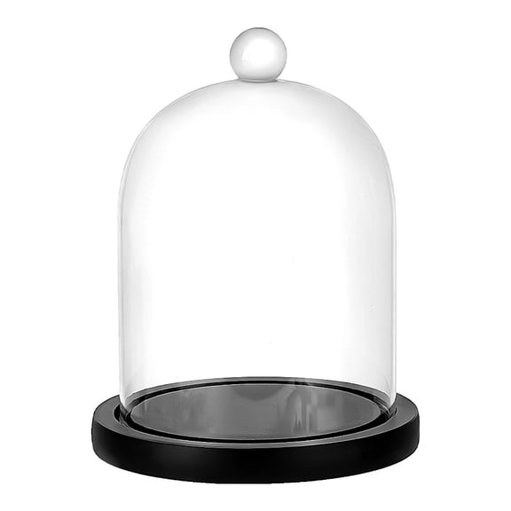 Arch Glass Dome Cover Decorative Display Case Cloche Bell Jar Terrarium with Wood Base Black 143x185mm