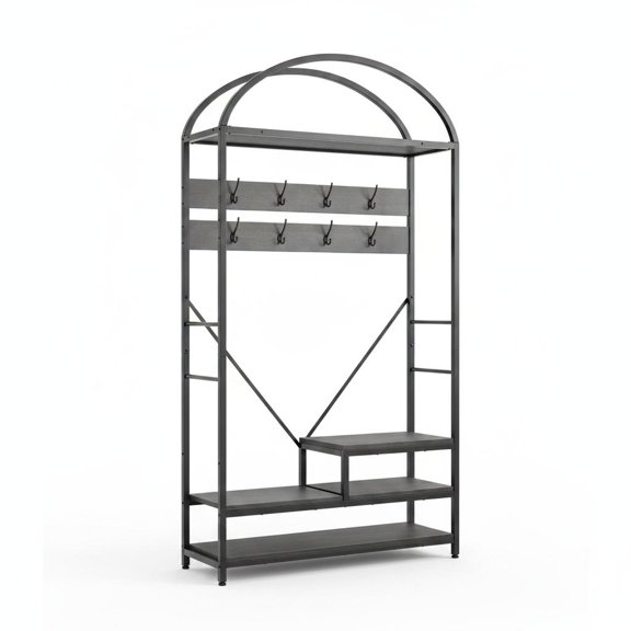 Arch Hall Tree Entryway Coat Rack – Shoe Bench, 16 Hooks, Top Storage Shelf, Sturdy Metal Frame, Freestanding Mudroom Organizer for Small Spaces, Rustic Wood Look, Anti-Tip, Black, 100 cm
