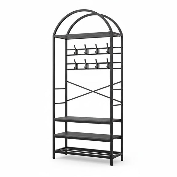 Arch Hall Tree with Shoe Bench – 16 Hooks, Top Storage Shelf, Freestanding Metal Entryway Organizer, Stable Metal Frame, Space-Saving Hallway Furniture, Modern Minimalist, Black, 80 cm