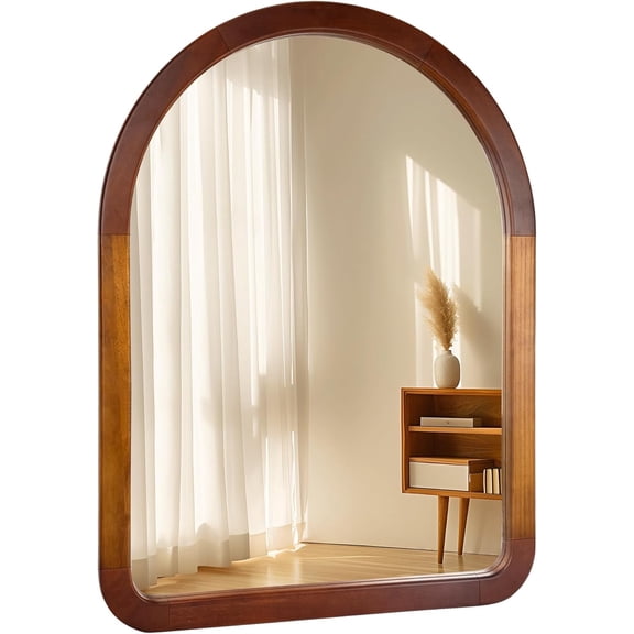 Arch Large Mirror 30 x 40 Inch,Brown Wood Rustic Bathroom Tempered Wall Mirror with Wood Frame,Round Corner Arch Farmhouse Wooden Vanity Mirror for Living Room,Entryway or Bedroom