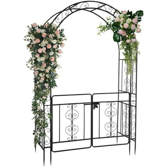 Arch Metal Outdoor Garden Arbor Double Gate | Montebello | 7 Feet Tall | Black | Trellis Lattice Climbing