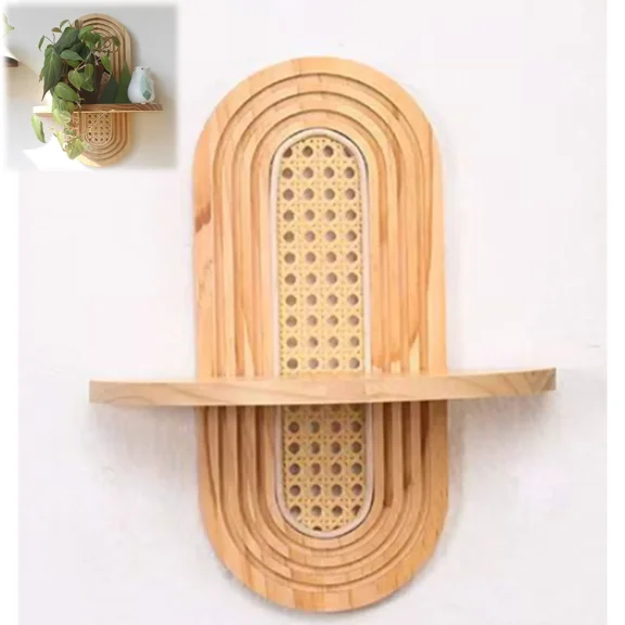 Arch Rattan Floating Shelf, Mid-Century Wood Wall Mounted, Bohemian Hanging Shelf, Modern Rattan Wall Shelf, Arch Wall Decor for Bedroom Living Room Display(xxw)