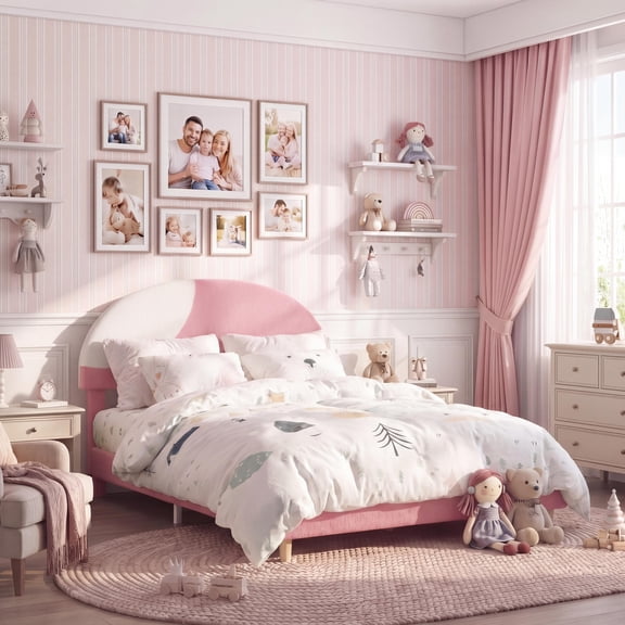 Arch-Shaped Full Bed, Round Boucle Headboard in Soft Pink & White, Modern Upholstered Design with Wood Slats, No Box Spring Required, Easy to Assemble