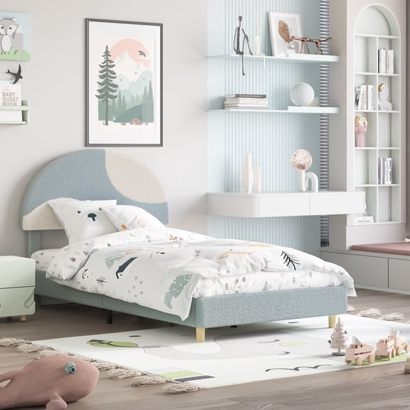 Arch-Shaped Twin Bed, Round Boucle Headboard in Soft Blue & White, Modern Upholstered Design with Wood Slats, No Box Spring Required, Easy to Assemble