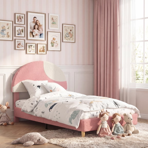 Arch-Shaped Twin Bed, Round Boucle Headboard in Soft Pink & White, Modern Upholstered Design with Wood Slats, No Box Spring Required, Easy to Assemble