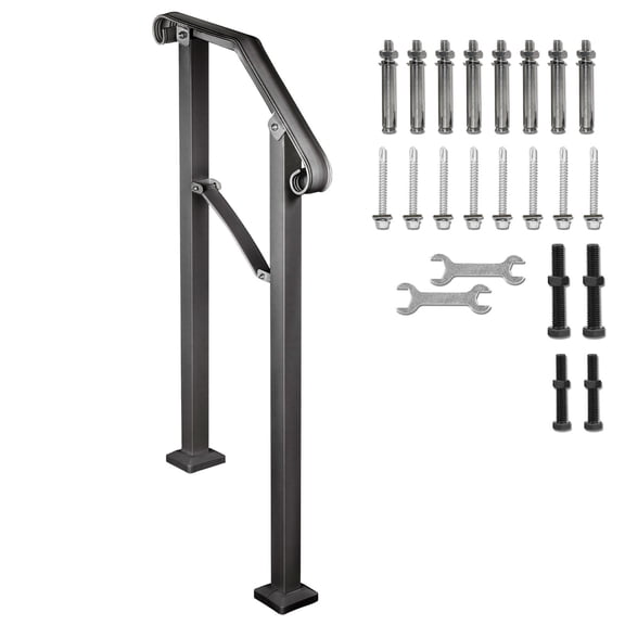 Arch Style #2 Wrought Iron Outdoor Step Handrail Fits 2 or 3 Stairs, Black Transitional Safety Grab Bar for Front Porch Concrete Wooden Stairs Full Kit