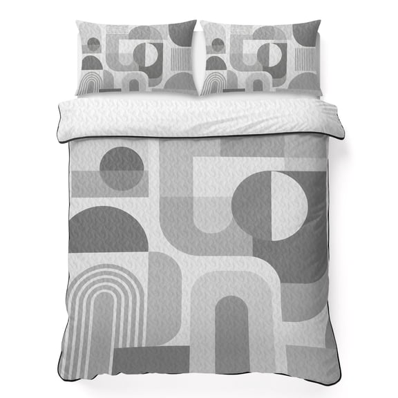 Arch Sun Moon Line 3 Piece Quilt Bedding Set with 2 Pillow Shams, Modern Abstract Boho Minimalist Gray Geometric Lightweight Bedspread Coverlet, Soft Breathable All Season Quilt, 96 x 106 Inch