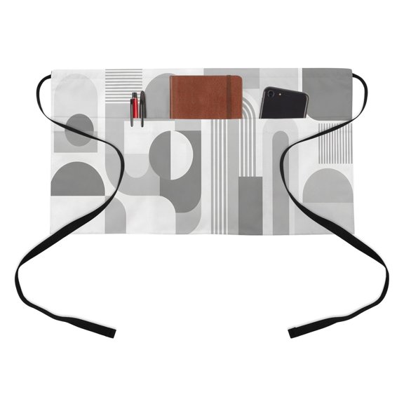 Arch Sun Moon Line Kitchen Restaurant Half Waist Apron, Modern Abstract Boho Minimalist Gray Geometric Server Short Apron with 3 Pockets Waterproof Oil Waist Aprons for Women Waitress Waiter