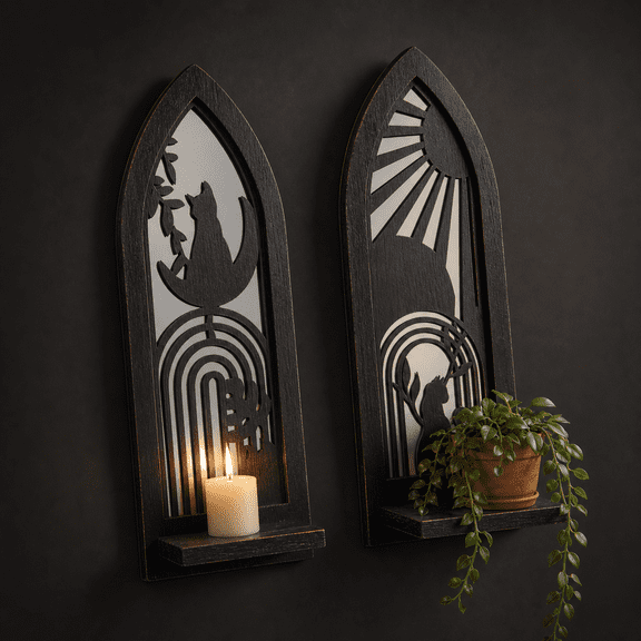 Arch Sun+moon Cat Black Wood Mirrored Farmhouse Wall Candle Sconce Set