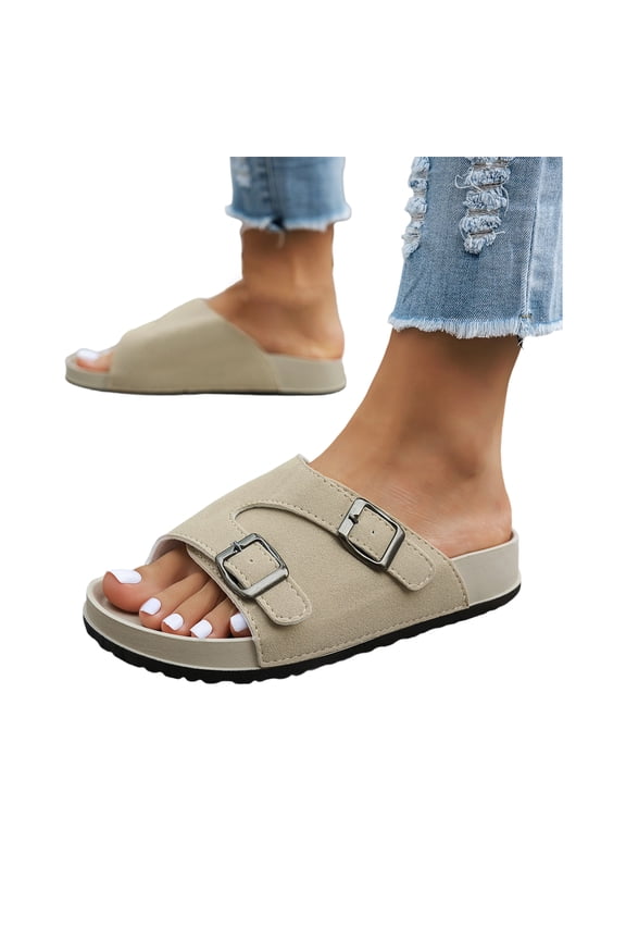 Arch Support Orthopedic Slides, Women's Summer Sandals - Adjustable Double Strap With Arch Support | Memory Foam Footbed & Non-Slip Sole | Lightweight Suede-Look for Beach, Outdoor, Party, Beige 8