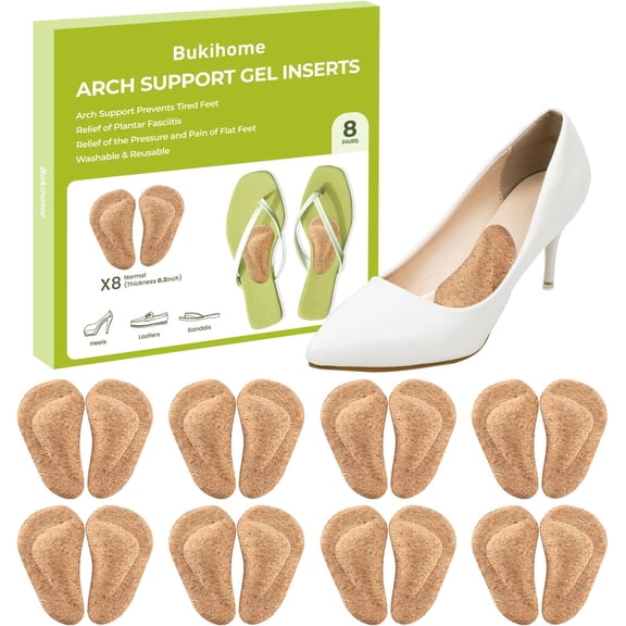 Arch Support Shoe Inserts & Insoles - Bukihome Gel Arch Inserts for Flat Feet, Plantar Fasciitis - Adhesive Arch Pad for Foot Pain Relief - All Day Comfort - 0.47 Inch - 8 Pairs (Cork)