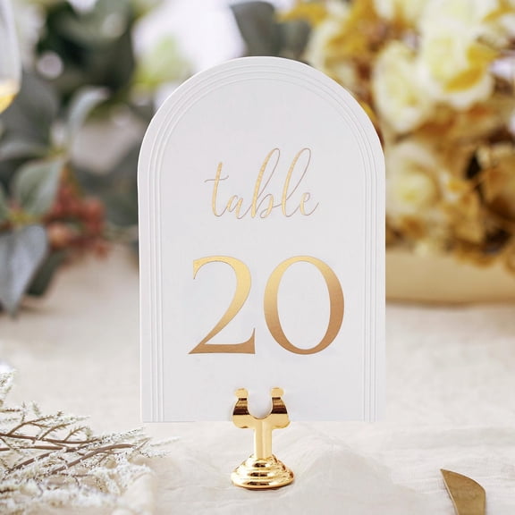 Arch Table Numbers 1-20 + Head Table,4x6 Inch White Art Paper, Double-Sided, Gold Foil Embossed Details, Elegant Perfect for Wedding Reception, Centerpiece Decoration, Event, Party, No Holders
