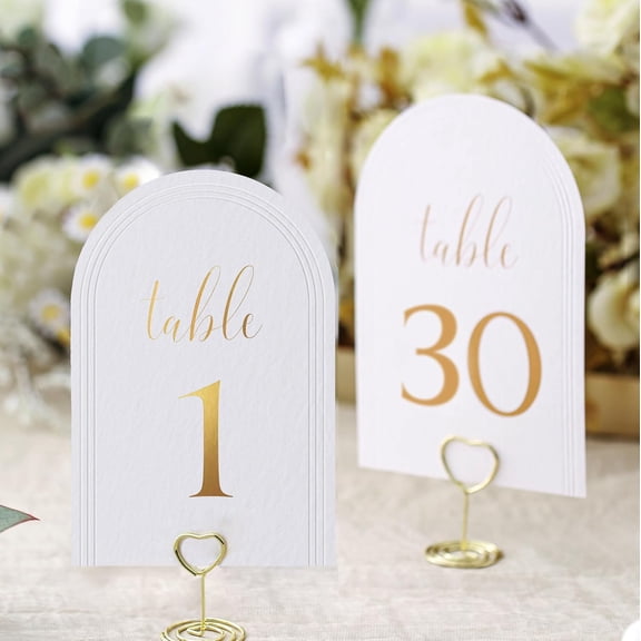 Arch Table Numbers 1-30 + Head Table,4x6 Inch White Art Paper, Double-Sided, Gold Foil Embossed Details, Elegant Perfect for Wedding Reception, Centerpiece Decoration, Event, Party, No Holders