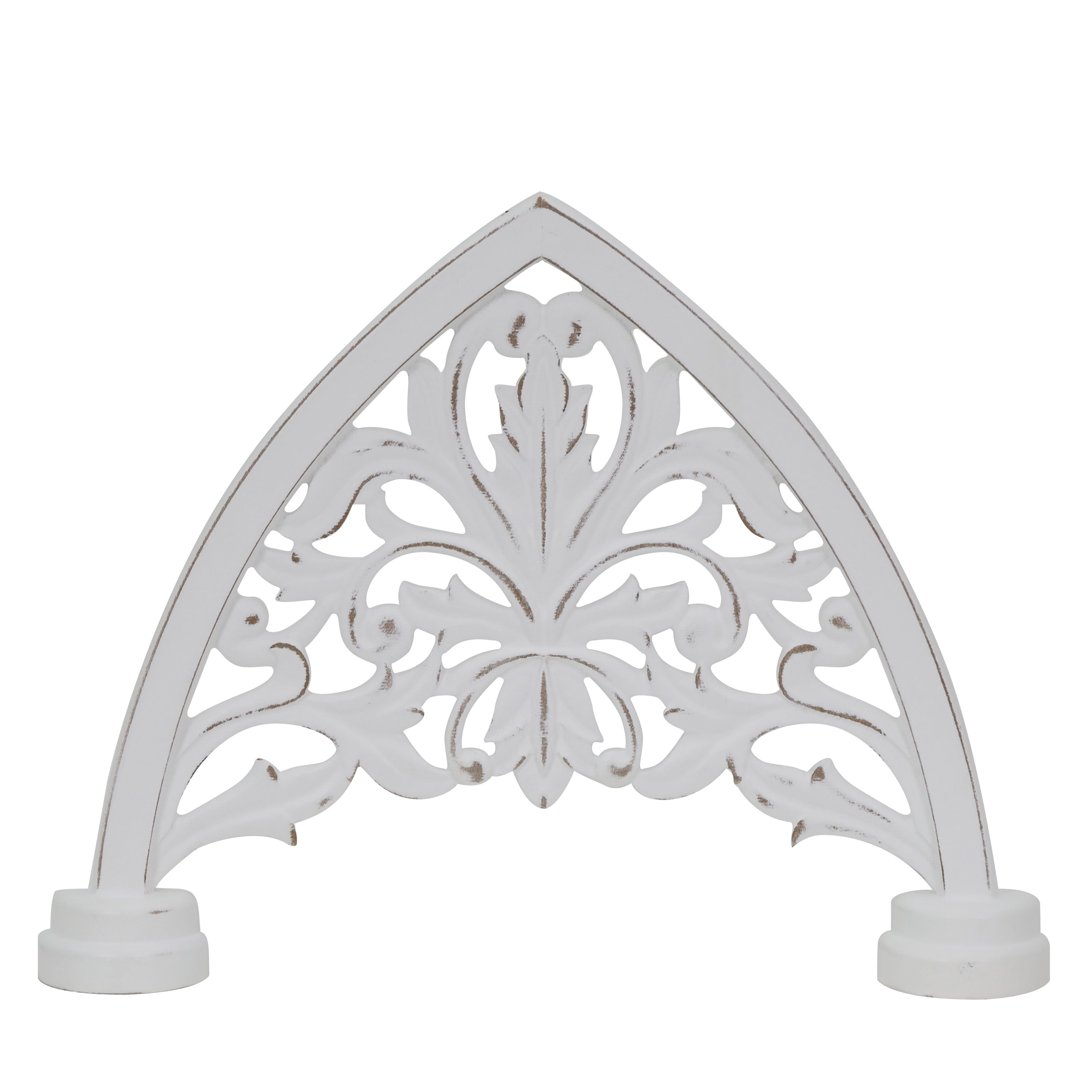 White Wooden Arch Wall Decor with Swirling Plumes, 17.75" x 13.75"