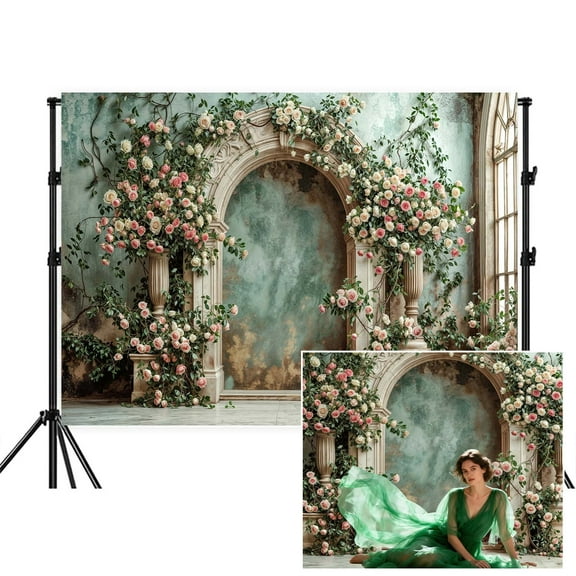 Arch Wall Flowers Backdrop,Retro Medieval Building Pink Rose Photo Background,Realistic Stylish Romantic Palace Banner for Wedding Birthday Bridal Shower Party Decor,Green,7x5FT